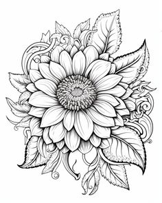 a black and white drawing of a large sunflower with leaves on it's petals