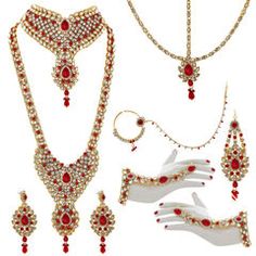 Gold Rodium Polish Red and Maroon color Bridal Jewelry in Metal Alloy studded with Kundan Red Kundan Set With Stone Work, Red Stone Work Sets For Diwali, Red Sets With Stone Work For Diwali, Festive Red Sets With Stone Work, Maroon Color, Bridal Jewelry, Red, Gold, Color