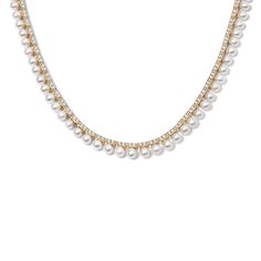 The Pearl and Diamond Tennis Necklace combines the timeless elegance of pearls with the dazzling brilliance of diamonds to create a piece of jewelry that's both classic and striking. The contrast between the lustrous freshwater pearls and the sparkling diamonds makes for a stunning visual effect. Perfect for any formal occasion or as a luxurious everyday accessory. Available in 14K Yellow Gold Diamond weight = 2.63 carats Chain length = 14in with adjustable 2in chain Fine Jewelry Akoya Pearl Necklace With 17 Jewels, Classic Akoya Pearl Diamond Necklace For Anniversary, Classic Diamond Necklace With Pearl Chain For Weddings, Luxury Pearl Necklace With 17 Jewels, Luxury White Diamond Necklace With Pearl Chain, Classic Wedding Diamond Necklace With Pearl Chain, Pearl Necklace For Anniversary, Luxury Akoya Pearl Necklace With Pearl Chain, Luxury Diamond Necklace With Pearl Drop