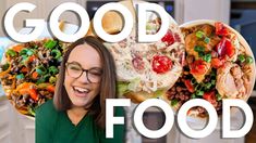 a woman with glasses standing in front of a plate of food that says good food