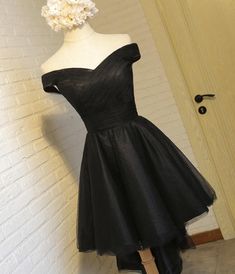 Simple Black Short High Low Off Shoulder Party Dress, Tulle Homecoming Dress, Lovely Formal Dress Black Tulle Mini Dress For Prom Season, Black Off Shoulder Dress With Sweetheart Neckline For Party, Black Off-shoulder Dress With Sweetheart Neckline For Party, Black Mini Length Tulle Dress, Black Mini Dress With Tulle Skirt, Black Mini Tulle Dress, Black Off Shoulder Dress For Summer Prom, Black Off-shoulder Wedding Dress, Black Tulle Fabric