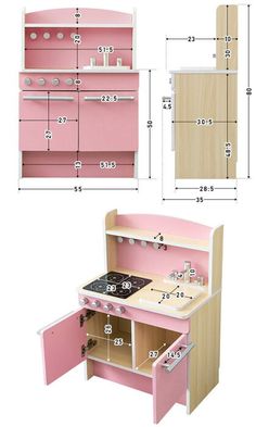 a pink and white toy kitchen set with measurements for the top, bottom and bottom cabinets