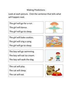 the worksheet for making predicates with pictures and words to describe them