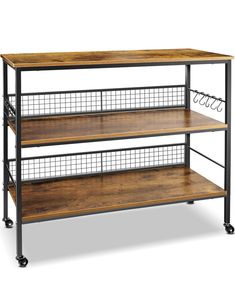 three tiered shelf with wire baskets on each side and two shelves below the top