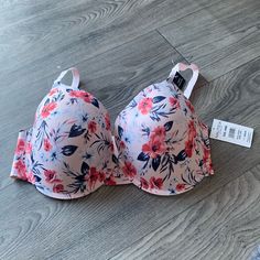 Nautica Floral Smooth Finish Bra. Casual Beach Bra For Spring, Floral Print Underwire Bra For Beach, Floral Print Underwire Bra, Feminine Beach Bra For Spring, Feminine Spring Beach Bra, Pink Feminine Swimwear With Built-in Bra, Summer Pink Bra With Padded Cups, Pink Floral Print Beach Bra, Spring Pink Padded Bra