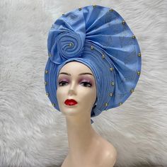 Fahion High Quality Nigerian Gele Headtie Aso Oke Gele Already Made Auto Gele Aso Ebi Headtie African Turban with Bead Z1113-1-FrenzyAfricanFashion.com Adjustable Blue Turban For Party, Adjustable Blue Headwrap, Elegant Adjustable Blue Headwrap, Blue Bohemian Headwrap One Size, Blue Bohemian One-size Headwrap, Elegant Blue Headscarf, Adjustable Blue Bohemian Headscarf, Adjustable Bohemian Blue Headscarf, Nigerian Gele