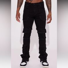 Stacked Skinny Flare Fit Cargo Pockets Zip Fly Button Closure 5 Pocket Body Frey Detail Black Slim Fit Bottoms With Pockets, Fitted Cargo Jeans For Fall Streetwear, Streetwear High Rise Slim Fit Bottoms, High Rise Slim Fit Bottoms For Streetwear, High Rise Slim Fit Jeans For Streetwear, Fall Streetwear Bottoms With Buttons, Slim Fit Streetwear Pants With Pockets, Black Stretch Straight Leg Cargo Jeans, Urban Fitted Black Cargo Pants