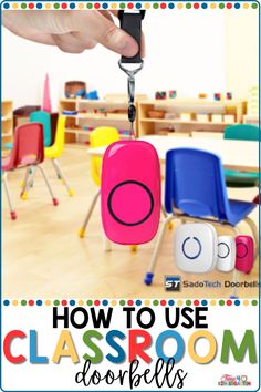 a classroom with chairs, desks and a hand holding a keychain that says how to use classroom objects