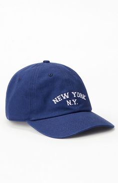 The New York Dad Hat from PacSun brings classic style to your everyday look. Featuring breathable eyelets and a curved brim, this hat offers comfort and effortless cool. The bold New York embroidery adds a stylish touch, while the adjustable strapback ensures a perfect fit for all-day wear.Solid color dad hatCanvas constructionBreathable eyeletsCurved brimNew York embroideryAdjustable strapbackOne size fits most PacSun Womens New York Dad Hat - Blue Classic Snapback Summer Hats, Navy Summer Baseball Cap, Casual Navy Baseball Cap For Summer, Classic Baseball Cap For Summer, Classic Summer Snapback Baseball Cap, Classic Navy Baseball Cap With Curved Brim, Classic Everyday Visor Hats, Navy Spring Cap, Classic Blue Baseball Cap For Summer