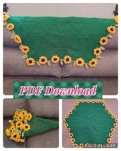 the crocheted blanket has sunflowers on it and is green with yellow flowers