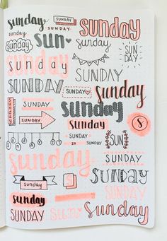 an open notebook with writing on it and the words sunday written in different languages,