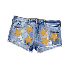 Color: Medium Wash Denim Size: Medium Material: 100% Cotton Features: Low Rise Zip Fly Four-Pocket Construction Distressed Front Frayed Trim Casual Jeans With Star Patch For Summer, Casual Summer Jeans With Star Patch, Spring Star Print Denim Jean Shorts, Trendy Jean Shorts With Star Print For Spring, Trendy Star Print Jean Shorts For Spring, Grunge Shorts, Star Patches, 80s Shorts, Sailor Shorts