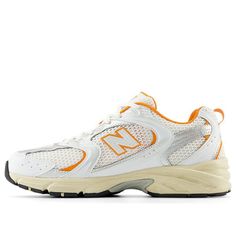 New Balance 530 Lifestyle Sneakers 'White Silver Orange' MR530EB White Cushioned Running Shoes For Streetwear, Casual Orange Breathable Sneakers, White High-top Sneakers With Perforations, Casual Orange Sneakers For Sports, Casual White Running Shoes With Translucent Outsole, White Urban Sneakers With Translucent Outsole, White High-top Sneakers With Perforations For Running, White New Balance Sneakers For Jogging, Urban White High-top Running Shoes