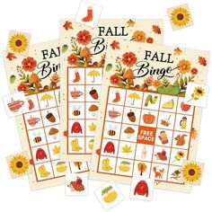 four fall bingo cards with flowers and leaves on them