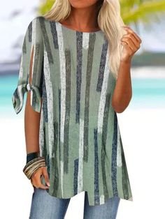 Buy Inexpensive Shirts at JustFashionNow online store, SPU: 21USH4HBA92, Color: Green, Style:Casual, Theme:Summer. Boho Stil, Casual Streetwear, Casual Blouse, Plus Size Casual, Casual Shirt, Summer Shirts, Stripe Print, Plus Size Tops, Casual T Shirts