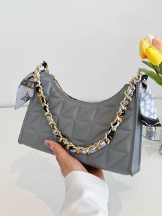 Grey Elegant Collar  PU Leather Quilted Baguette Bag Embellished   Women Bags Luxury Quilts, Twilly Scarf, Quilted Pattern, Baguette Bag, Quiet Luxury, Black Chain, Professional Women, Chain Bag, Work Office