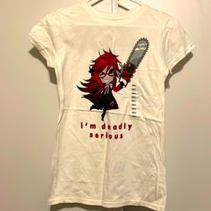 Deadly Serious T. Perfect For Halloween. New With Tags! White Tops With Anime Print For Halloween, White Anime Print Top For Halloween, White Halloween Cosplay Top, White Top For Halloween Cosplay, Edgy Halloween Anime Print T-shirt, Edgy Anime Print T-shirt For Halloween, Halloween Anime Print Cotton T-shirt, Edgy White T-shirt For Halloween, Cotton Anime Print T-shirt For Halloween