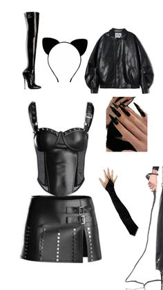 a woman wearing black leather clothes and accessories