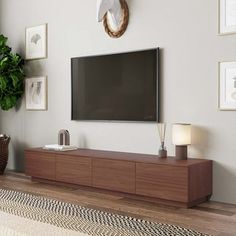 a flat screen tv mounted to the side of a wooden entertainment center in a living room