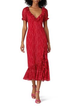 Cinq à Sept Michelle Dress Printed V-neck Midi Dress For Evening, Elegant Red Printed Midi Dress, Red V-neck Lined Midi Dress, Red Lined V-neck Midi Dress, Red Lined Midi Dress With V-neck, Mermaid Midi Dress, Navy Blue Midi Dress, Ruffle Wrap Dress, Print Chiffon Dress