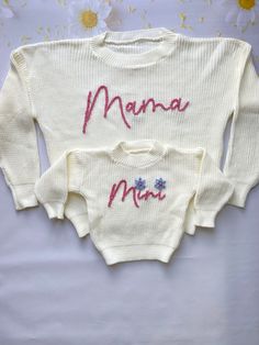 ★ Matching Hand Embroidered Mama & Mini Sweater, Mommy and Me Outfits, Mom and Me Sweater, Dada, Auntie, Grandma, Babe, Baby Sweater ★These sweaters are meant to be OVERSIZED. You can always roll the sleeves up and have your little one grow into these so you can get more use out of it! Customize your sweater with the name or word you would like for it to say. If you give two names or words it will be one below the other. Select the color you would like the name in different yarn color options. ★ I wanted to share these lovely photos 📷  taken by my previous customer, Jenn Turkcan. 😍 You should definitely check out and follow her Instagram account. Trust me, her page is flooded with the cutest posts ever! ❤️ @lattesandlullabies ❤️ ★ Personalization: Please write: 1. Name (or age or word) t Mink Colour, Pull Bebe, Mini Sweater, Matching Sweaters, Baby Sweater, Mommy And Me Outfits, Boys Sweaters, Embroidered Sweater