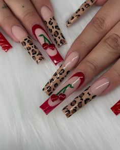 @toptierprincess Leopard And Cherry Nails, Cherry Leopard Nails, Jaguar Print Nails, Red Nails With Leopard Print, Cheetah Red Nails, Red Cheetah Print Nails, Red And Cheetah Nails, Leapord Nails Acrylic, Red Leopard Print Nails