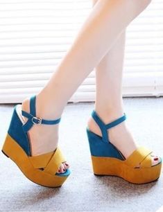 $49.90 - Blue and yellow mustard platform Wedge Heels. Those heeled wedge heels shoes are for elegant ladies, teens and feminine women. Kasut Wanita, Summer Shoes Wedges, Womens Sandals Summer, High Heel Wedges, Womens Sandals Wedges, Womens Summer Shoes, Stiletto Boots, Super High Heels, Casual Flat Shoes