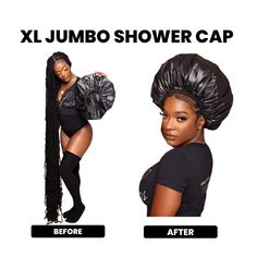 Classic Black Jumbo Shower Cap  Jumbo shower cap perfect for taking your favorite hot showers keeping your long braids, twists, locs or weave 18-40inches tucked away and completely dry! Shower cap has a non-slip elastic headband perfect for those steamy showers. You will walk out of the shower with your hair still dry with your hairstyle still looking fresh. This is shower cap is so big, it can fit over the jumbo bonnet! Twists Locs, Big Shower, Cap Outfit, Shower Caps, Shower Cap, Elastic Headband, Long Braids, Elastic Headbands, Turbans