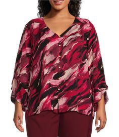 From Investments Plus&#x2C; this top features:V-neckline3/4 sleeves lengthFlare ruffle sleeve detailMarbled beet print Faux button frontPullover constructionPolyesterMachine wash/tumble dry Imported. Ruffle Sleeve Top, Ruffled Sleeve Top, Dillard's, Sleeve Detail, Beets, Plus Size Tops, Abstract Print, Work Wear, Sleeve Top