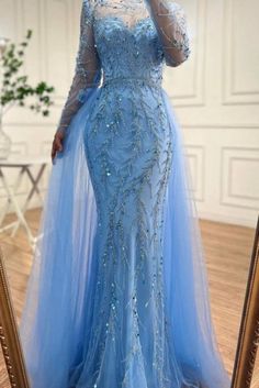 Luxury Long Sleeves Sky Blue Beadings Long Evening Gown with Tulle Sweep Train Crystal Princess, Glitter Prom Dresses, Dresses With Appliques, Modest Formal Dresses, Blue Prom Dresses, Evening Dresses Online, Stunning Prom Dresses, Long Sleeve Prom, Blue Evening Dresses