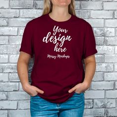 1x Maroon Gildan 64000 Mockups - This digital download includes a professional, high resolution image of a Maroon Gildan T-shirt on a female model with a brick background. 3000 x 3000px They can be used to showcase your products or create unique digital imagery for your social media channels. Once downloaded, layer your artwork on top and create stunning images to save you valuable time having to set up yourself! BUNDLES  This mockup is also available in the following bundles; ALL 61 Gildan 6400 Heather Maroon Crew Neck Cotton Top, Red Graphic Tee With Branding, Red Custom Print Crew Neck Shirt, Red Cotton T-shirt With Custom Print, Red Crew Neck T-shirt With Branding, Red Cotton T-shirt With Branding, Red Casual T-shirt With Custom Print, Red Short Sleeve T-shirt With Branding, Casual Red T-shirt With Custom Print