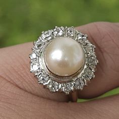 Vintage 14k Gold Ring Art Nouveau Ballerina Style, with off White Pearl and Bright White Single Cut Diamonds approx .85cttw by PBEstateFinds on Etsy Vintage White Pearl Ring With Brilliant Cut, Heirloom White Diamond Pearl Ring, Vintage Oval Pearl Ring With Center Stone, Vintage Brilliant Cut Pearl Ring For Wedding, Vintage Wedding Pearl Ring With Brilliant Cut, Victorian Pearl Ring With Diamond For Anniversary, Vintage Pearl Ring With Center Stone For Anniversary, Vintage Oval Diamond Pearl Ring, Antique Pearl And Diamond Wedding Ring