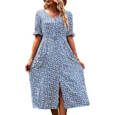 Blue V Neck Button Down Floral Dress with Pocket Summer Midi Dress With Buttoned Pockets, Casual Button-up Midi Dress, Blue Spring Dress With Button Closure, Button-up Midi Dress For Summer, Spring Blue Dresses With Button Closure, Casual Spring Midi Dress With Buttoned Pockets, Spring Vacation Midi Dress With Button Closure, Blue V-neck Dress With Buttons, Blue Summer Dresses With Button Closure