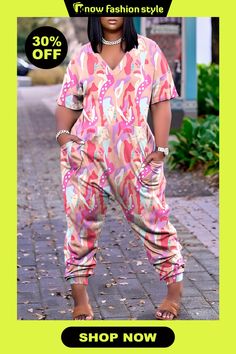 Pink Casual Print Patchwork V Neck Regular Jumpsuits Summer Multicolor Non-stretch Jumpsuits And Rompers, Pink Printed V-neck Jumpsuits And Rompers, Casual Printed Multicolor Jumpsuits And Rompers, Casual Multicolor Printed Jumpsuits And Rompers, Casual Multicolor V-neck Jumpsuit, Trendy V-neck Jumpsuits And Rompers With Pockets, Summer Multicolor Jumpsuits And Rompers With Pockets, Multicolor Stretch V-neck Jumpsuits And Rompers, Non-stretch Pink Jumpsuits And Rompers For Spring