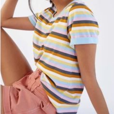 Anthropologie - T.La Charmer Ringer Striped Neon Knit Tee Multi Color Strips Size Small Never Been Worn Tag On Pink Knit Tops With Short Sleeves, Pink Knit Top With Short Sleeves, Pink Knit Short Sleeve Tops, Pink Short Sleeve Knit Tops, Trendy Striped Knit Top For Spring, Striped Knit Tops For Spring, Trendy Multicolor Crew Neck Knit Top, Trendy Striped Crew Neck Knit Top, Pink Short Sleeve Cotton Knit Top