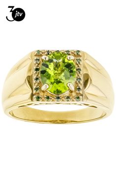 2.69ct oval Manchurian Peridot��� with.08ctw round green diamond accent 18k yellow gold over sterling silver men's ring. Measures approximately .44"L x .51"W. Not sizeable. Black rhodium. Finished under gallery. Sterling Silver Mens Rings, Mens Silver Rings, Green Diamond, Green Peridot, Sterling Silver Mens, Black Rhodium, Men's Ring, Silver Man, 18k Gold