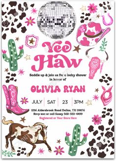 a pink and brown cowgirl themed baby shower party with disco ball, cactus, cowboy boots