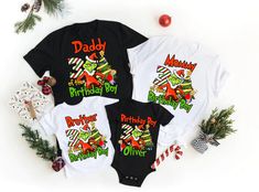 three personalized christmas onesuits with the words daddy and his baby on them