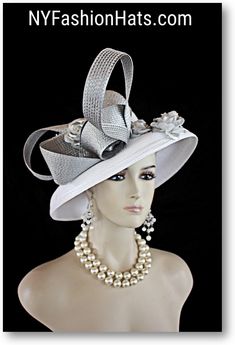 Couture Hats For Women, White Silver Gray Shaped Pillbox Wedding Bridal Hat Headpiece, Custom Luxury Millinery Hat By NYFashionHats, Milan White Bridal Hats, White Fitted Cloche Hat For Formal Occasions, Brimmed Top Hat For Wedding, Elegant High Crown Headpiece For Church, Elegant Adjustable Hat For Wedding, Elegant Wide Brim Hat For Ceremony, Elegant Fitted White Cloche Hat, White Brimmed Formal Costume Hats And Headpieces, Fitted High Crown Wedding Hat