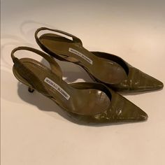 Barely Worn, In Good Condition. Toes Slightly Worn. Comfy. Not Too High Or Tight. Manolo Blahnik Green, Shoes Manolo Blahnik, Blahnik Shoes, Manolo Blahnik Shoes, Slingbacks, Manolo Blahnik, Shoes Women Heels, Shoes Heels, Tights