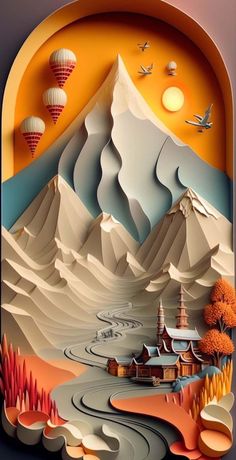 an image of a paper cut landscape with mountains and hot air balloons in the sky