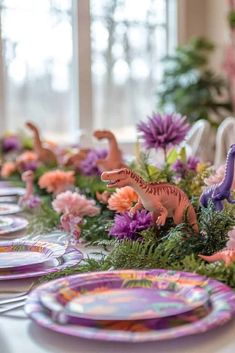 Girly Pink Dinosaur Dinosaur Birthday Party Table Setting, Girly Dinosaur Party Cakes, Girly Dinosaur Party, Girl Dinosaur Birthday Party, Dinosaur Party Ideas, Pink Dinosaur Party, Girl Dinosaur Party, Girly Party Ideas, Dinosaur Birthday Theme