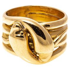 18k yellow gold ring. This striking, contemporary ultra wide four row band ring is an intertwining serpent motif of two bypassing snakes, with a high polished finished body. Marks: 18k Dimensions: 9/16" wide at center Weight: 12.5 gross dwt Unique Yellow Gold Ring, Wide Diamond Bands, Serpent Ring, Unusual Rings, Gold Beauty, Gold Statement Ring, Contemporary Ring, Ultra Wide, Chunky Rings