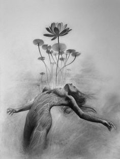 a drawing of a woman floating in water with flowers