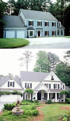 before and after pictures of a house in the country side, with landscaping around it