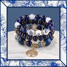 These Bracelets Stack Beautifully Together And Feature Different Tones Of Blue Beads And White Beads On Elastic With Gold-Tone Accents And A Tree Of Life Charm. Blue 108 Beads Bracelet Jewelry, Blue Bohemian Crystal Bracelet With Round Beads, Bohemian Blue Beaded Bracelets With 8mm Beads, Blue Beaded Bohemian Crystal Bracelet, Bohemian Blue Crystal Bracelet With 8mm Beads, Blue Bohemian Crystal Bracelet With 8mm Beads, Bohemian Blue Crystal Bracelet With Gemstone Beads, Bracelets Stack, Charm Beaded Bracelet