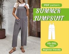 Jumpsuit Sewing Pattern - Ideal for Beginners This pattern includes an illustrated sewing guide with easy-to-follow, step-by-step instructions, making it a breeze to create your own garment. If you're searching for a beginner-friendly project this is the one for you! Pattern Includes: ✔️ Sizes: XS-XXL ✔️ Seam allowance included (1cm) ✔️ Formats: A4/US Letter (print at home) and A0 (print at a copy shop) ✔️ Step-by-step instructions ✔️ Instant Download: Receive your sewing patterns instantly afte Jumpsuit Sewing Pattern, Jumpsuit Sewing, Pattern Jumpsuit, Sewing Guide, Jumpsuit Pattern Sewing, Comfy Jumpsuits, Seam Allowance, Jumpsuit Pattern, Jumpsuit Summer