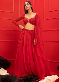 Red Organza Lehenga With Embellished Blouse And Dupatta Mahima Mahajan - Fabilicious Fashion Mahima Mahajan, Baju Kahwin, Lehenga Style Saree, Indian Bridesmaid Dresses, Organza Lehenga, Red Lehenga, Lehenga Blouse, Embroidered Dupatta, Embellished Blouse