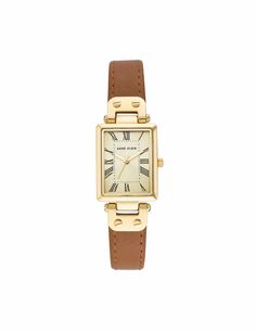 Rectangular Case Leather Strap Watch Red | Anne Klein Luxury Leather Watch Strap, Classic Rectangular Watch With Leather Strap, Timeless Rectangular Watch For Everyday Use, Classic Brown Rectangular Watch, Rectangular Leather Strap Watch For Work, Rectangular Analog Watches For Everyday Use, Brown Leather Strap Rectangular Watch, Classic Watches With Gold-tone Hardware And Rectangular Dial, Rectangular Quartz Watch For Everyday Use