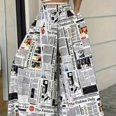 Womens Newspaper Printed Wide Leg Pants 100% Polyester White Cotton Wide Leg Pants For Day Out, White Wide Leg Bottoms For Day Out, Casual High Waist White Wide Leg Pants, White Ankle-length Wide Leg Pants For Day Out, White Straight Pants For Day Out, White Wide Leg Pants With Pockets For Day Out, White Trousers Bottoms For Day Out, Trendy White Ankle-length Wide Leg Pants, White Trousers For Day Out